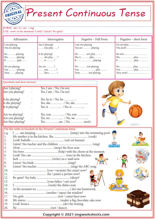 Present Continuous Tense Esl Exercises Worksheet Worksheet Preview