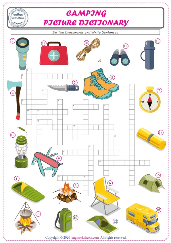 ESL printable worksheet for kids, supply the missing words of the crossword by using the Camping picture. Worksheet Preview