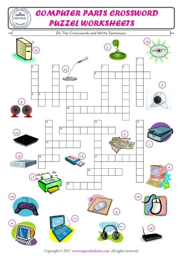 ESL printable worksheet for kids, supply the missing words of the crossword by using the Computer Parts picture. Worksheet Preview