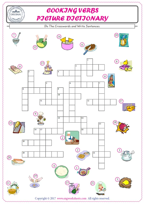 ESL printable worksheet for kids, supply the missing words of the crossword by using the Cooking Verbs picture. Worksheet Preview