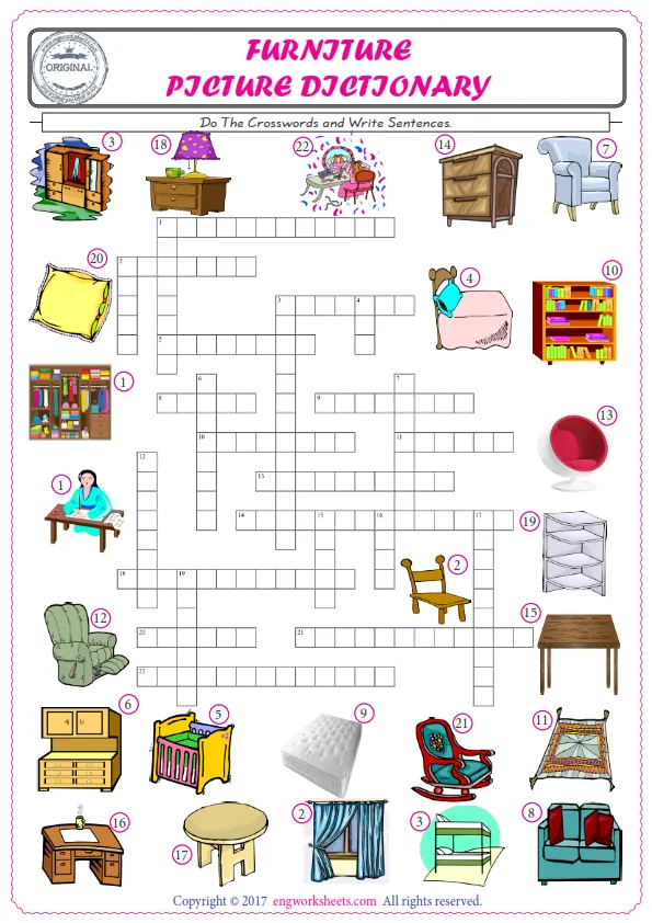ESL printable worksheet for kids, supply the missing words of the crossword by using the Furniture picture. Worksheet Preview