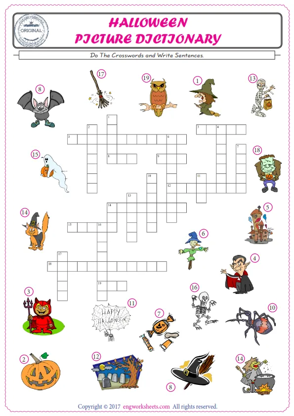 ESL printable worksheet for kids, supply the missing words of the crossword by using the Halloween picture. Worksheet Preview
