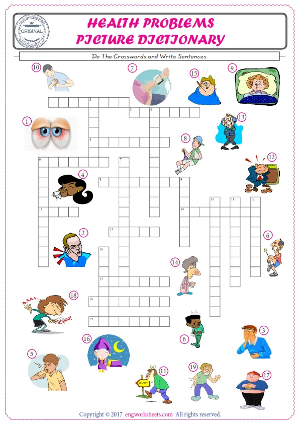 ESL printable worksheet for kids, supply the missing words of the crossword by using the Health Problems picture. Worksheet Preview