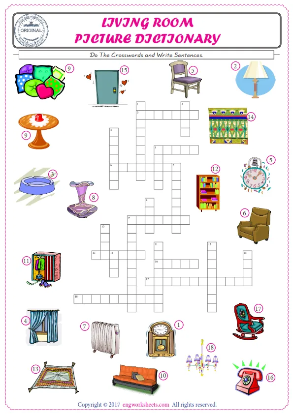 ESL printable worksheet for kids, supply the missing words of the crossword by using the Living Room picture. Worksheet Preview