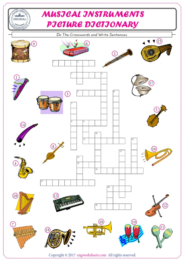 ESL printable worksheet for kids, supply the missing words of the crossword by using the Musical Instruments picture. Worksheet Preview