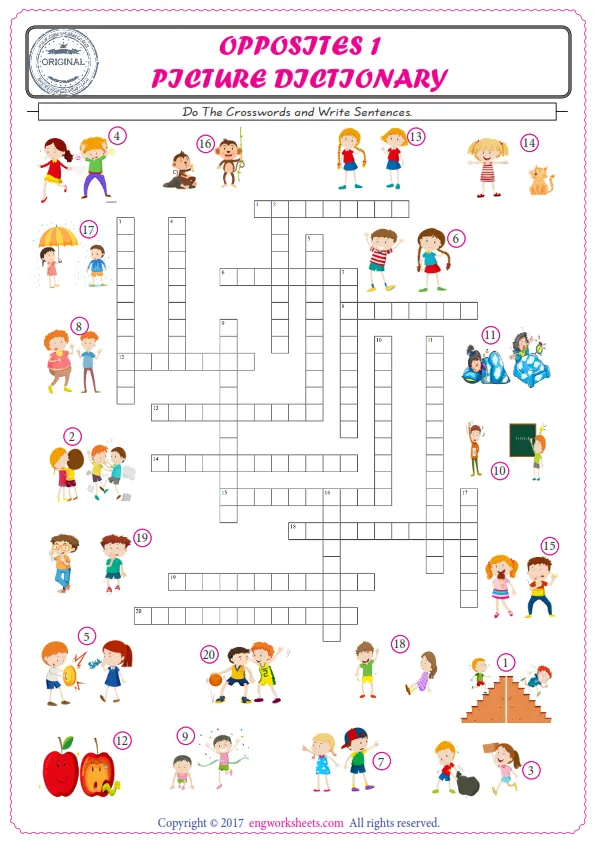 ESL printable worksheet for kids, supply the missing words of the crossword by using the Opposites picture. Worksheet Preview
