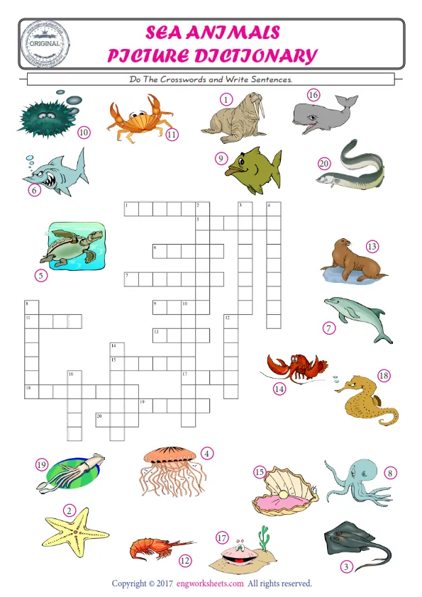 ESL printable worksheet for kids, supply the missing words of the crossword by using the Sea Animals picture. Worksheet Preview