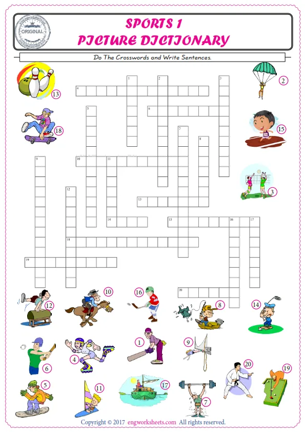 ESL printable worksheet for kids, supply the missing words of the crossword by using the Sports picture. Worksheet Preview
