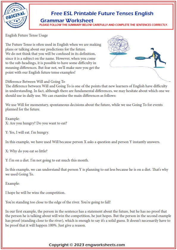 Free Esl Printable Future Tenses English Grammar Worksheet Worksheet Preview