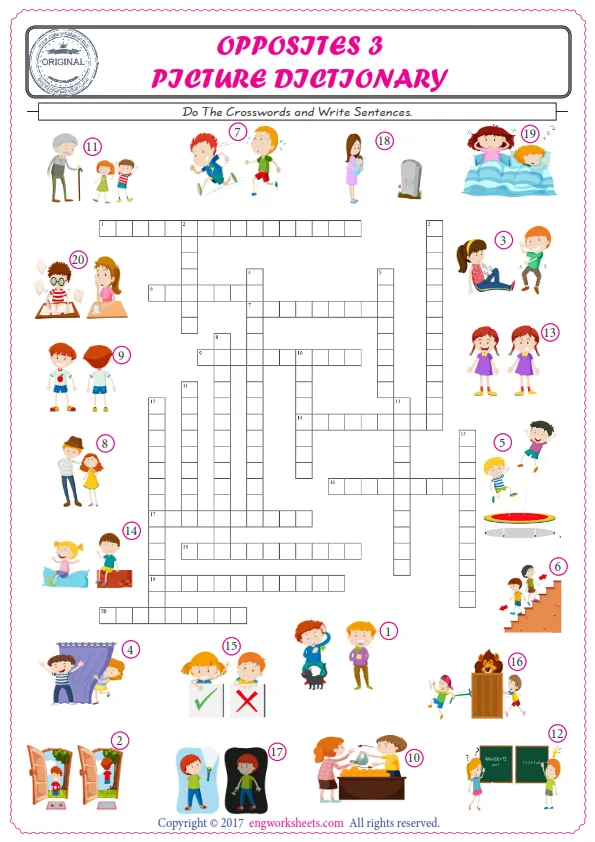 ESL printable worksheet for kids, supply the missing words of the crossword by using the Opposites picture. Worksheet Preview