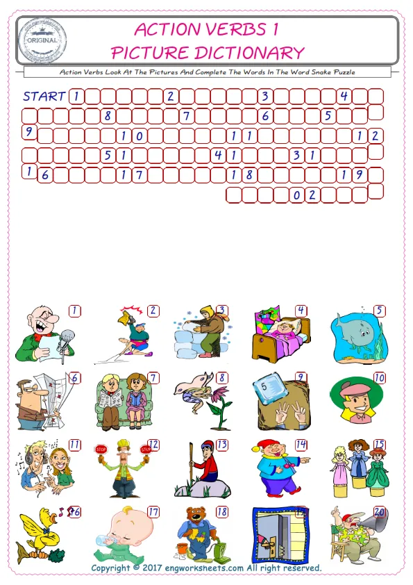Check the Illustrations of Action Verbs english worksheets for kids, and Supply the Missing Words in the Word Snake Puzzle ESL play. Worksheet Preview