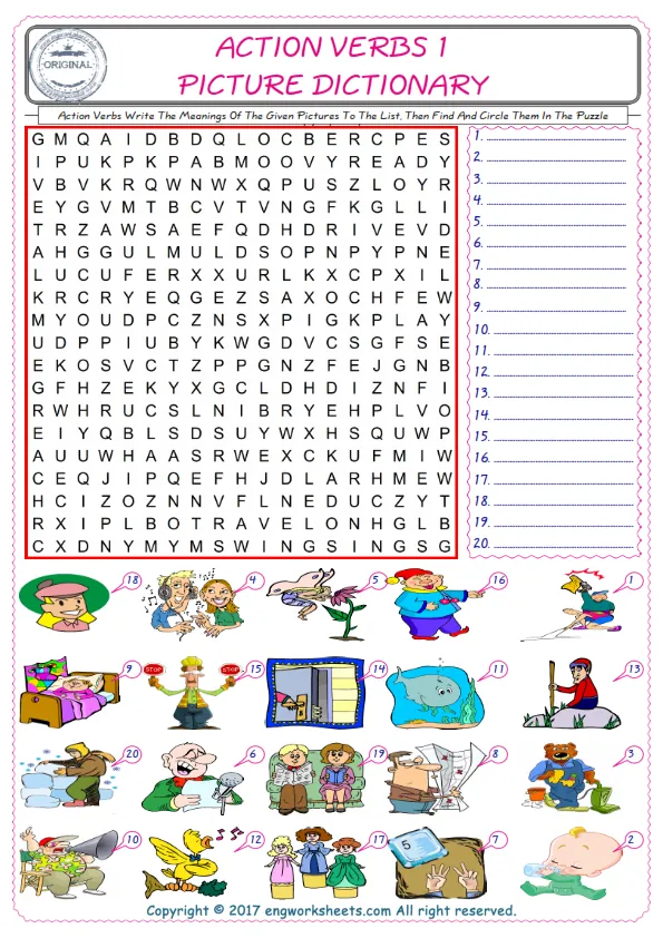 For kids, check the picture of Action Verbs find, and write the word and find it in the word puzzle ESL printable worksheet. Worksheet Preview