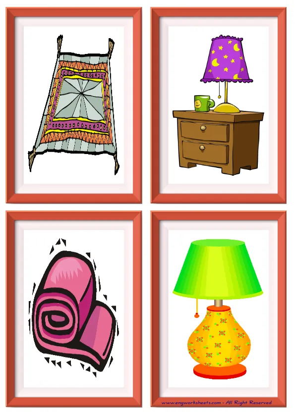 Quarter page ESL Flashcard without words containing Bedroom picture for kids and teachers. Worksheet Preview
