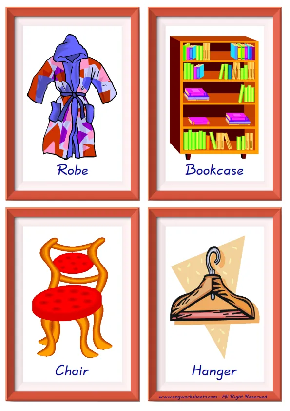 Quarter page ESL Flashcard together with words containing Bedroom picture for kids and teachers. Worksheet Preview