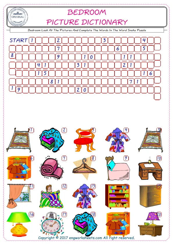 Check the Illustrations of Bedroom english worksheets for kids, and Supply the Missing Words in the Word Snake Puzzle ESL play. Worksheet Preview