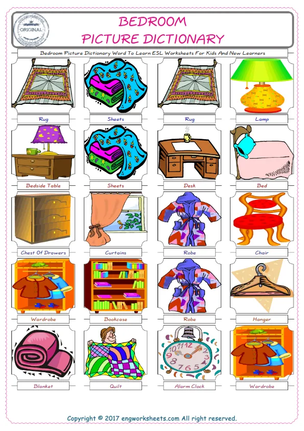 Bedroom English Worksheet for Kids ESL Printable Picture Dictionary Worksheet Preview