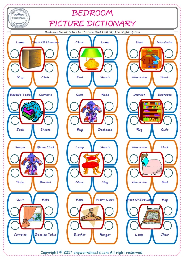 check the picture, mark the correct option amongst the given Bedroom words English worksheet for kids Worksheet Preview