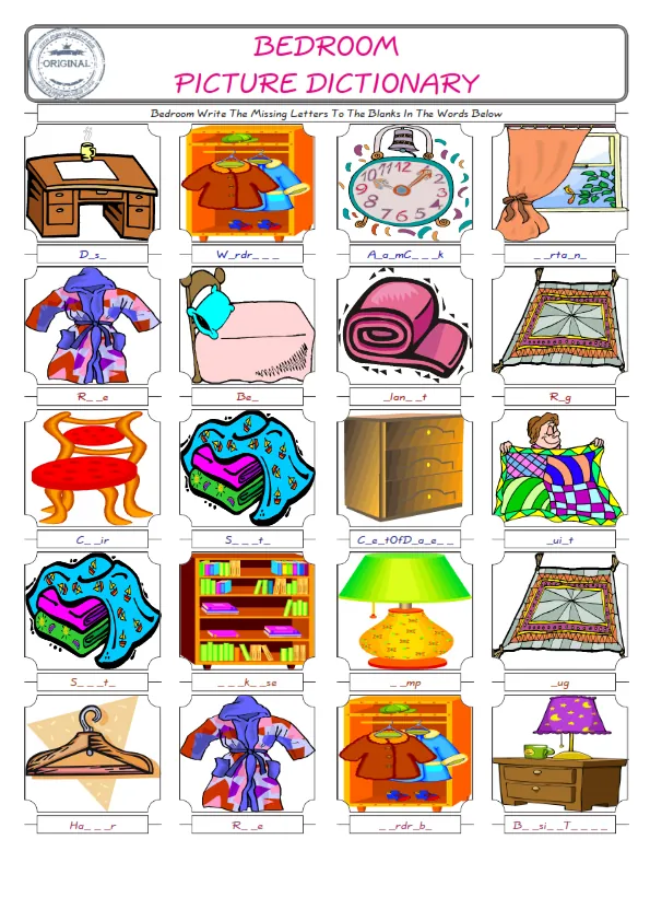 Bedroom Words English worksheets For kids, the ESL Worksheet for finding and typing the missing letters of Bedroom Words Worksheet Preview
