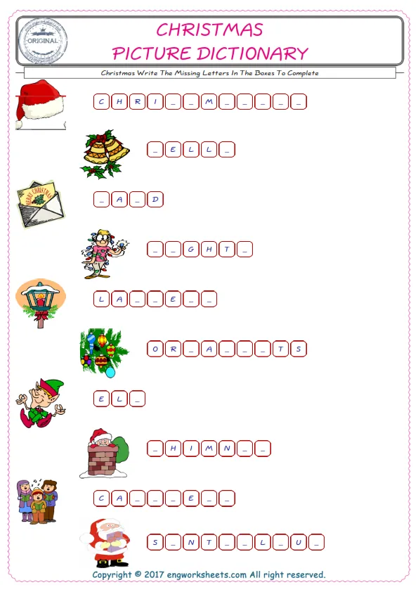 Type in the blank and learn the missing letters in the Christmas words given for kids English worksheet. Worksheet Preview