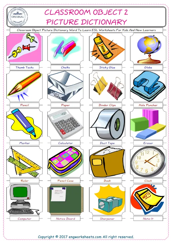 Classroom Object English Worksheet for Kids ESL Printable Picture Dictionary Worksheet Preview