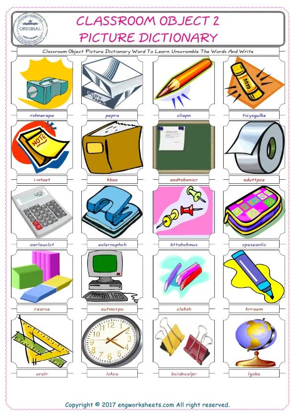 Classroom Object ESL Worksheets For kids, the exercise worksheet of finding the words given complexly and supplying the correct one. Worksheet Preview
