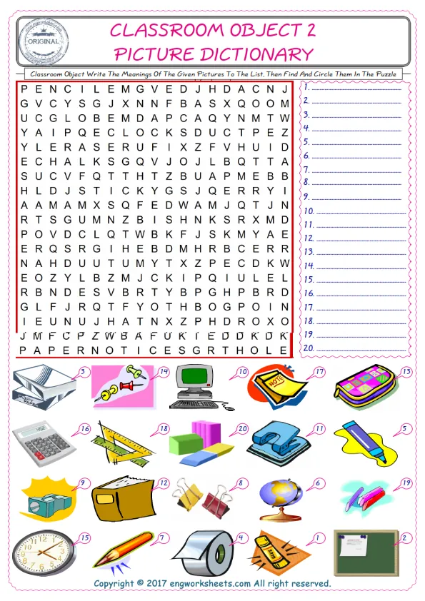 For kids, check the picture of Classroom Object find, and write the word and find it in the word puzzle ESL printable worksheet. Worksheet Preview
