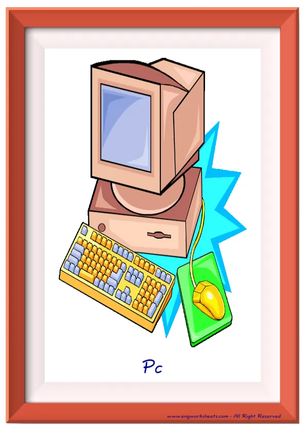 Full page ESL Flashcard together with words containing Computer Parts picture for kids and teachers. Worksheet Preview
