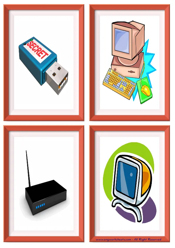 Quarter page ESL Flashcard without words containing Computer Parts picture for kids and teachers. Worksheet Preview