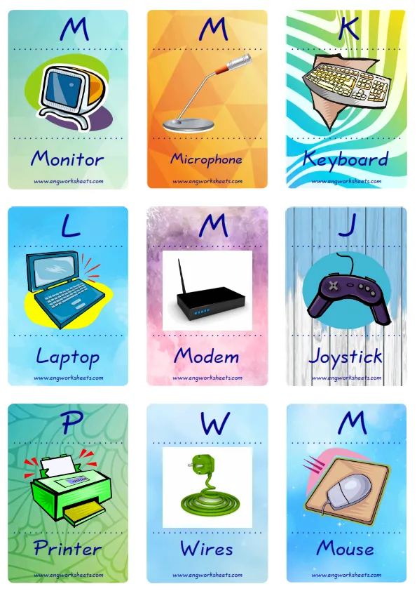 Mini size enjoyable ESL Flashcard Computer Parts for kids and teachers. Worksheet Preview