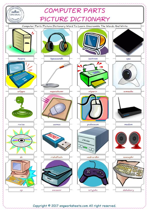 Computer Parts ESL Worksheets For kids, the exercise worksheet of finding the words given complexly and supplying the correct one. Worksheet Preview