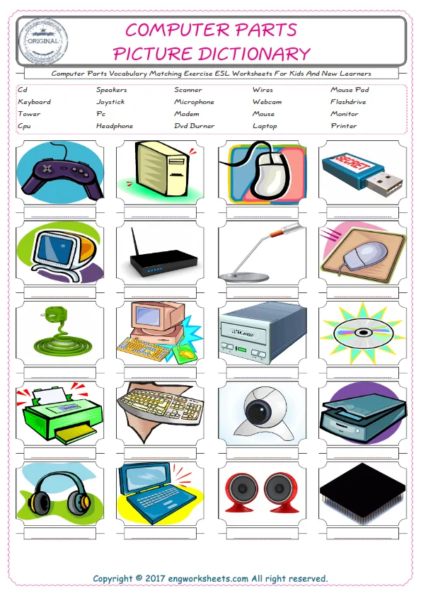 Computer Parts for Kids ESL Word Matching English Exercise Worksheet. Worksheet Preview