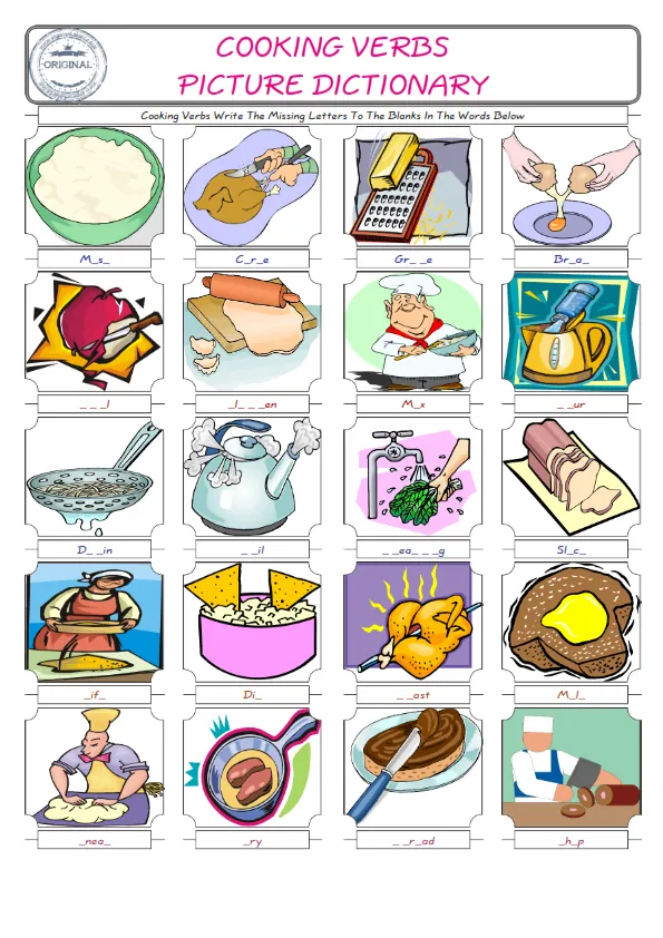 Cooking Verbs Words English worksheets For kids, the ESL Worksheet for finding and typing the missing letters of Cooking Verbs Words Worksheet Preview