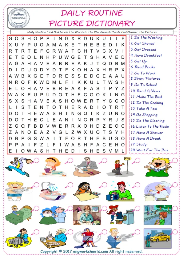 ESL wordsearch worksheets for kids, find Daily Routine words in the word wordsearch write its number on its picture English worksheet. Worksheet Preview