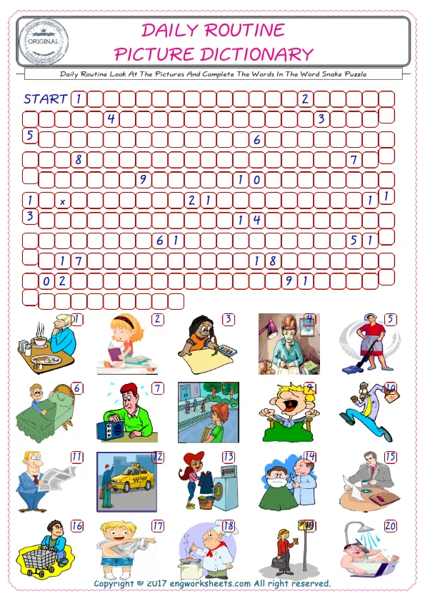 Check the Illustrations of Daily Routine english worksheets for kids, and Supply the Missing Words in the Word Snake Puzzle ESL play. Worksheet Preview