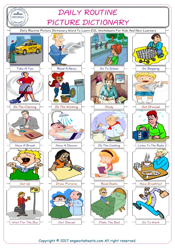Daily Routine English Worksheet for Kids ESL Printable Picture Dictionary Worksheet Preview