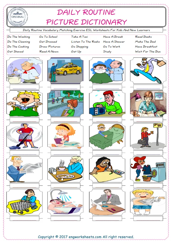 Daily Routine for Kids ESL Word Matching English Exercise Worksheet. Worksheet Preview