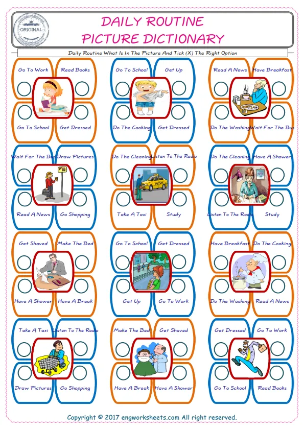 check the picture, mark the correct option amongst the given Daily Routine words English worksheet for kids Worksheet Preview