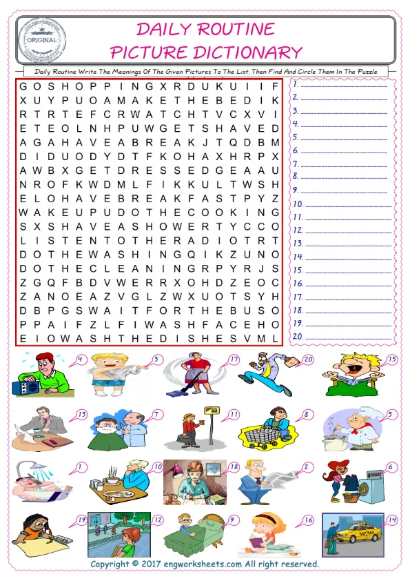 For kids, check the picture of Daily Routine find, and write the word and find it in the word puzzle ESL printable worksheet. Worksheet Preview