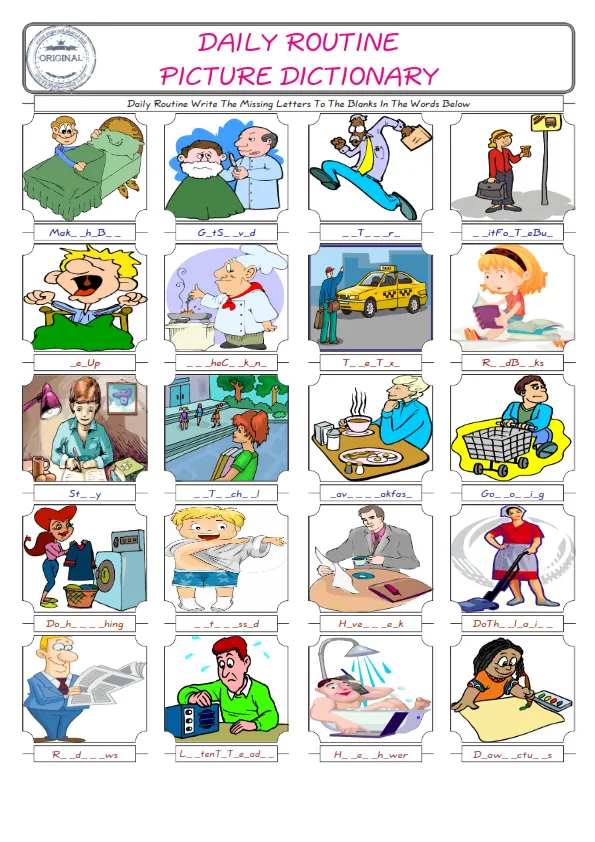 Daily Routine Words English worksheets For kids, the ESL Worksheet for finding and typing the missing letters of Daily Routine Words Worksheet Preview