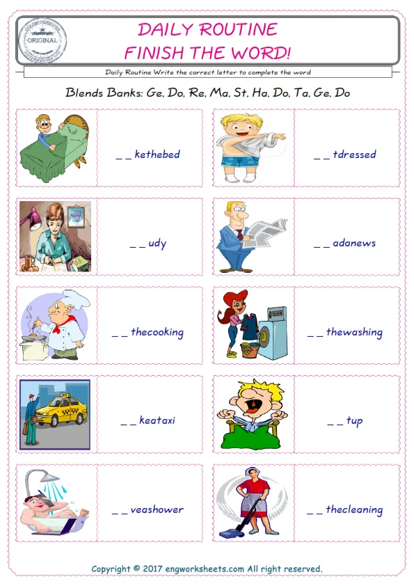 For kids, the Daily Routine English worksheet for supplying into the correct blank place given letters special to the Daily Routine Words. Worksheet Preview