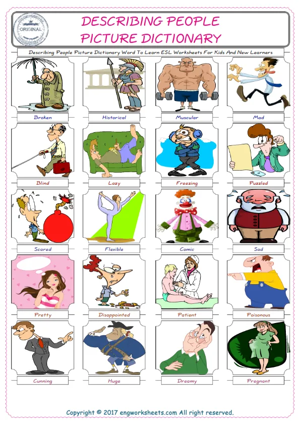 Describing People English Worksheet for Kids ESL Printable Picture Dictionary Worksheet Preview