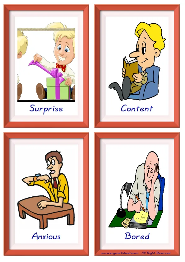 Quarter page ESL Flashcard together with words containing Feelings Emotions picture for kids and teachers. Worksheet Preview
