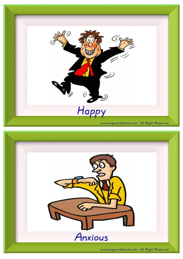 Half page ESL Flashcard together with words containing Feelings Emotions picture for kids and teachers. Worksheet Preview