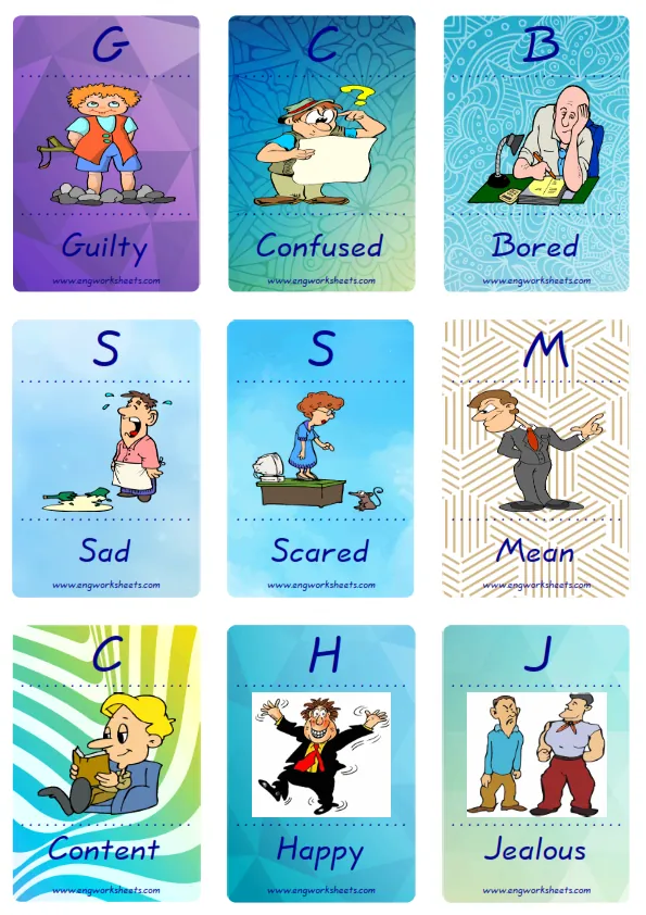 Mini size enjoyable ESL Flashcard Feelings Emotions for kids and teachers. Worksheet Preview