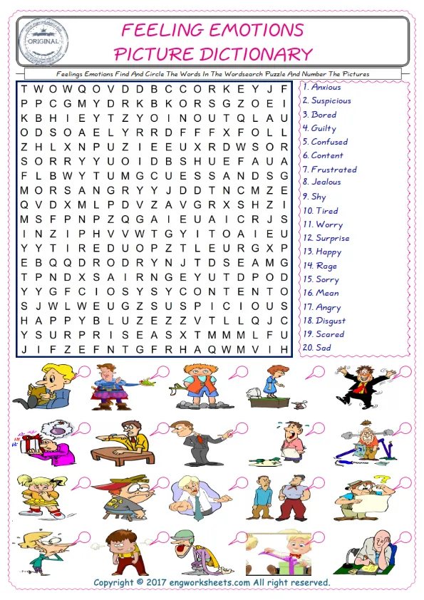 ESL wordsearch worksheets for kids, find Feelings Emotions words in the word wordsearch write its number on its picture English worksheet. Worksheet Preview