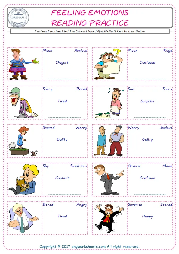 Check the picture of the Feelings Emotions for kids ESL worksheet for supplying the correct one among four words into the blank place. Worksheet Preview
