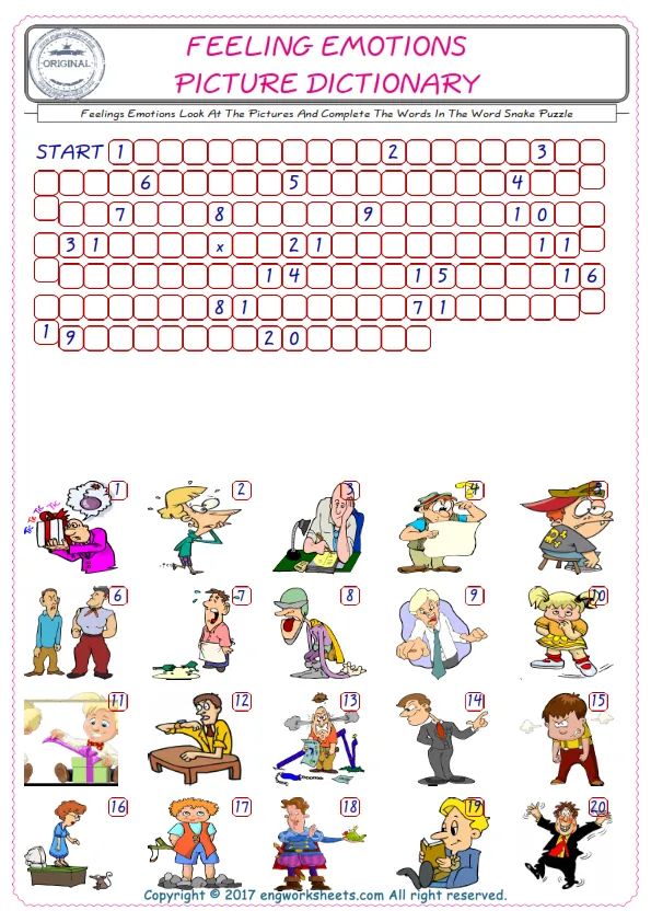 Check the Illustrations of Feelings Emotions english worksheets for kids, and Supply the Missing Words in the Word Snake Puzzle ESL play. Worksheet Preview
