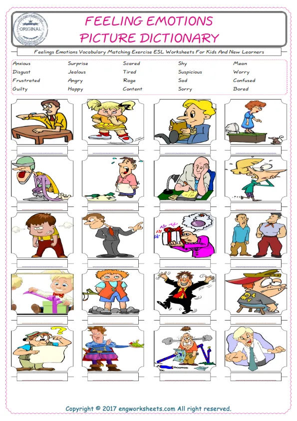 Feelings Emotions for Kids ESL Word Matching English Exercise Worksheet. Worksheet Preview