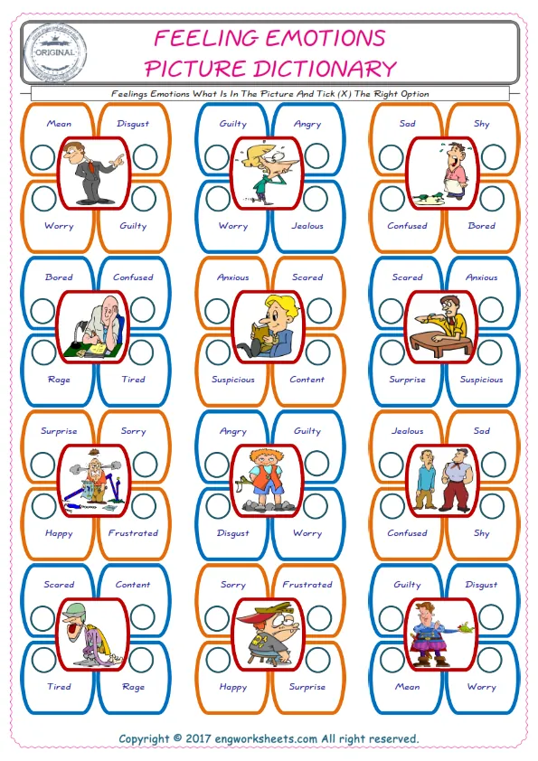 check the picture, mark the correct option amongst the given Feelings Emotions words English worksheet for kids Worksheet Preview