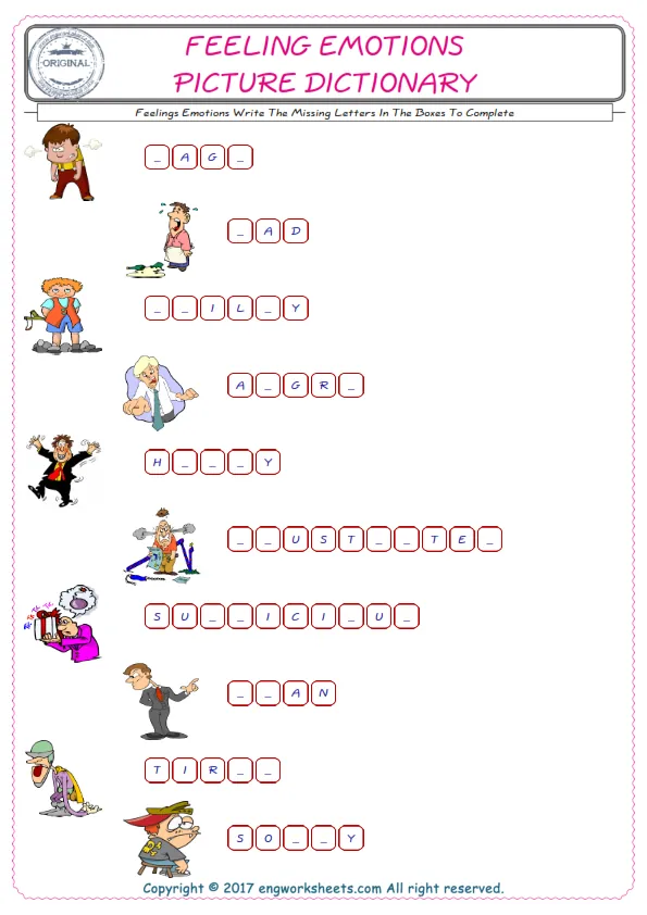 Type in the blank and learn the missing letters in the Feelings Emotions words given for kids English worksheet. Worksheet Preview